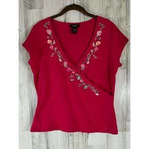 Express Womens Faux Wrap Top Sz Small Magenta Pink Floral Embroidery‎ Cap Sleeve